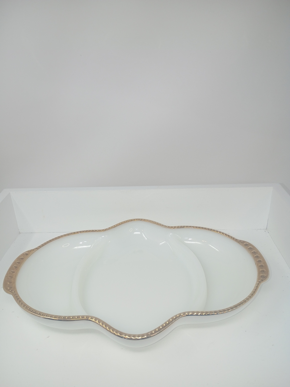 Elegant Vintage Fire King Divided White Glass Serving Dish with Gold Trim